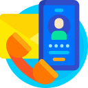 Icon of a yellow paper mail, proceeded by a smart phone in front with a profile of a silhouette of a green shirt and light skinned circle for a head, representing a man. And a handset phone next to the smart phone