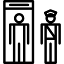 personas en el ascensor de entrada al museo, un visitante y un guardia icon