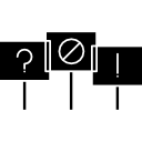 grupo de señales de tres con signos de exclamación y prohibición de preguntas 