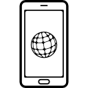 mobiltelefon mit weltgittersymbol auf dem monitorbildschirm 