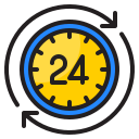 24 hours assistance. clock symbol. open 24 hours icon for your web