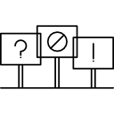 grupo de señales de tres con signos de exclamación y prohibición de preguntas 