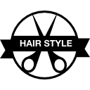 insignia de peinado con tijera y pancarta 