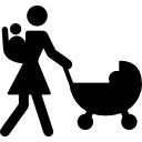 madre caminando con el bebé en la espalda y otros en el cochecito 