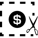 sinal de dinheiro do dólar em um quadrado de linha tracejada com uma tesoura de corte 