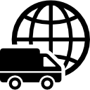internationale logistiek bestelwagen symbool met wereldraster erachter icoon