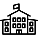 edificio scolastico con bandiera icona