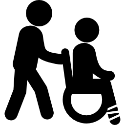 Man pushing a wheels chair with person sitting on it with injured leg ...