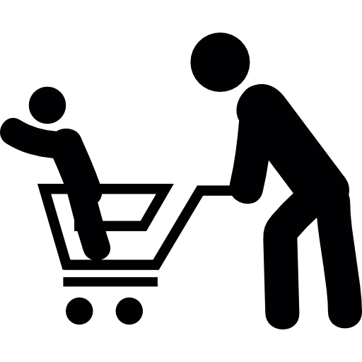 Man with his son in a shopping cart free icon