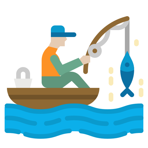 Fishing sport icons with fisherman, fish and boat Stock Vector by