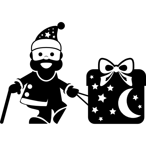 papá noel con un bastón junto a una enorme caja de regalo. icono gratis