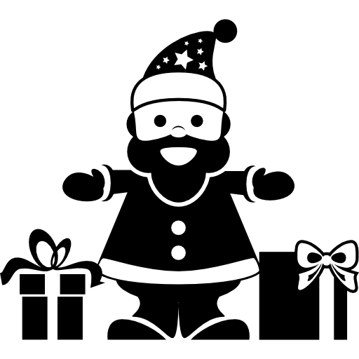 santa claus de pie con dos regalos a los lados. icono gratis