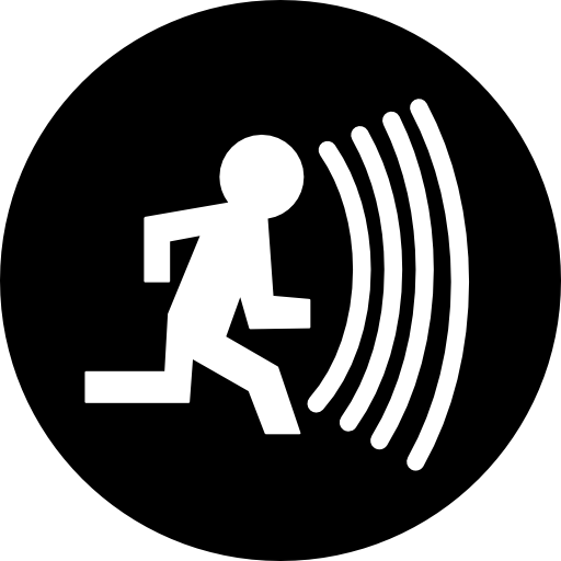 persona corriendo con símbolo circular de sonido de alarma icono gratis