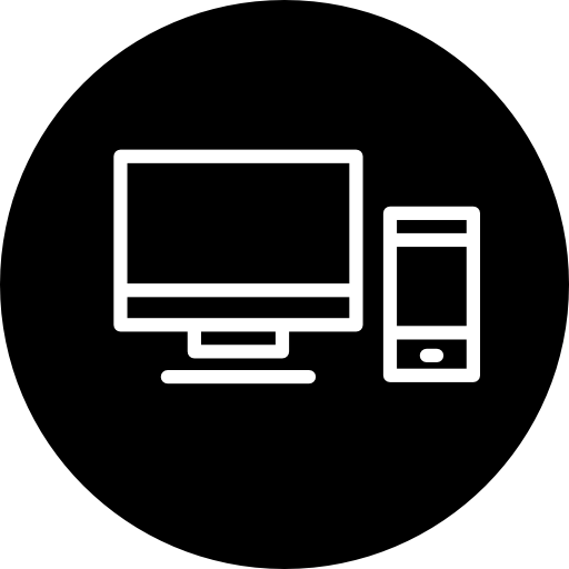 Phone and computer monitor outlines inside a circle icon