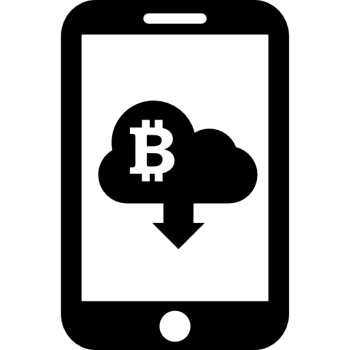 signo de bitcoin en la nube con el símbolo de descarga de flecha hacia abajo en la pantalla del teléfono móvil icono gratis