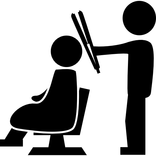 cabeleireiro em pé com um alisador de cabelo atrás do cliente sentado em uma cadeira grátis ícone