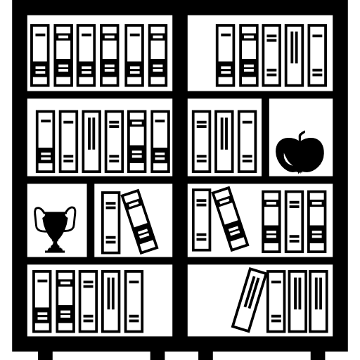 biblioteca llena de libros, un trofeo y una manzana. icono gratis