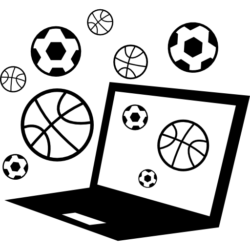 computadora con pelotas de fútbol y baloncesto alrededor. icono gratis