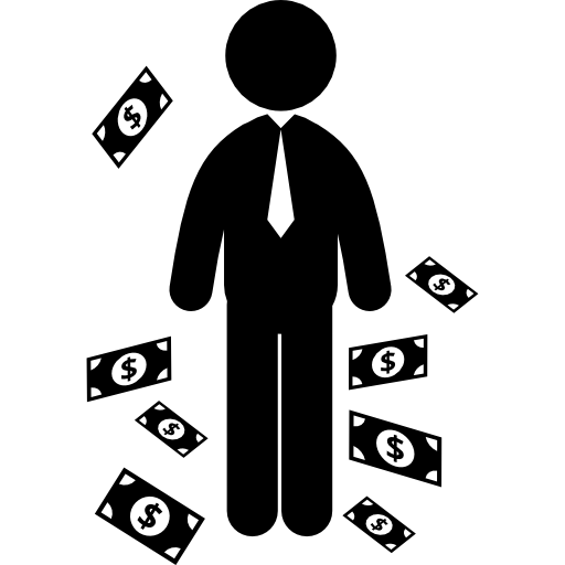 empresario de pie con billetes de dinero alrededor icono gratis