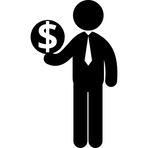 hombre de negocios, posición, con, un, dólar, moneda icono gratis