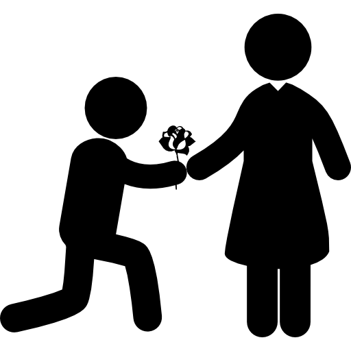 hombre dando una flor a su novia como símbolo de amor en una postura romántica sobre su rodilla icono gratis