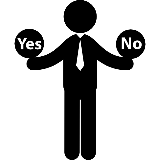 Человек с двумя вариантами выбора между да или нет бесплатно иконка