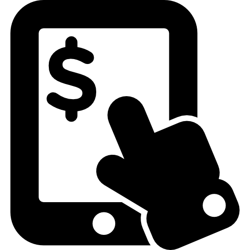 mano apuntando al signo de dólar en el dispositivo de tableta icono gratis